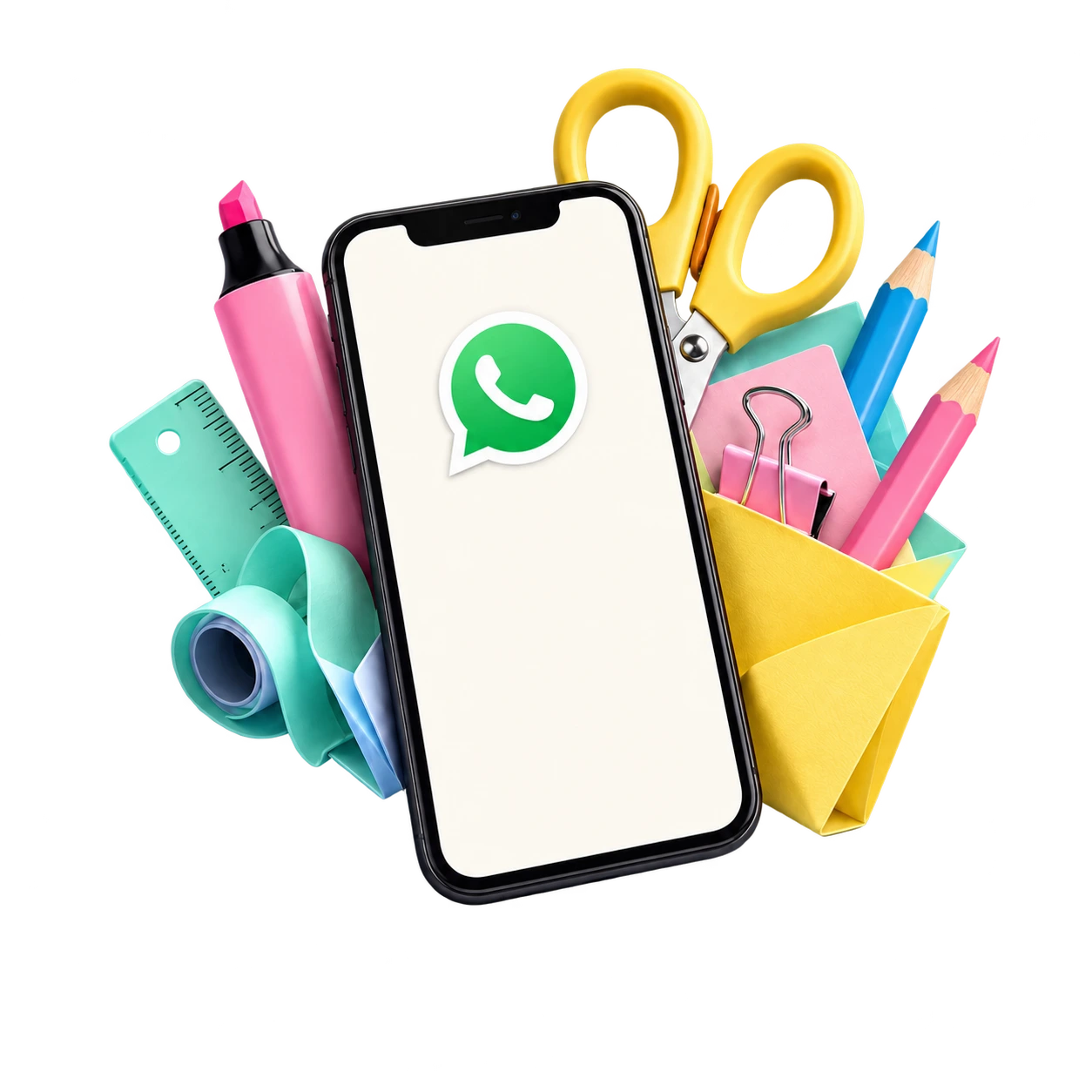 Un celular rodeado de útiles de colores