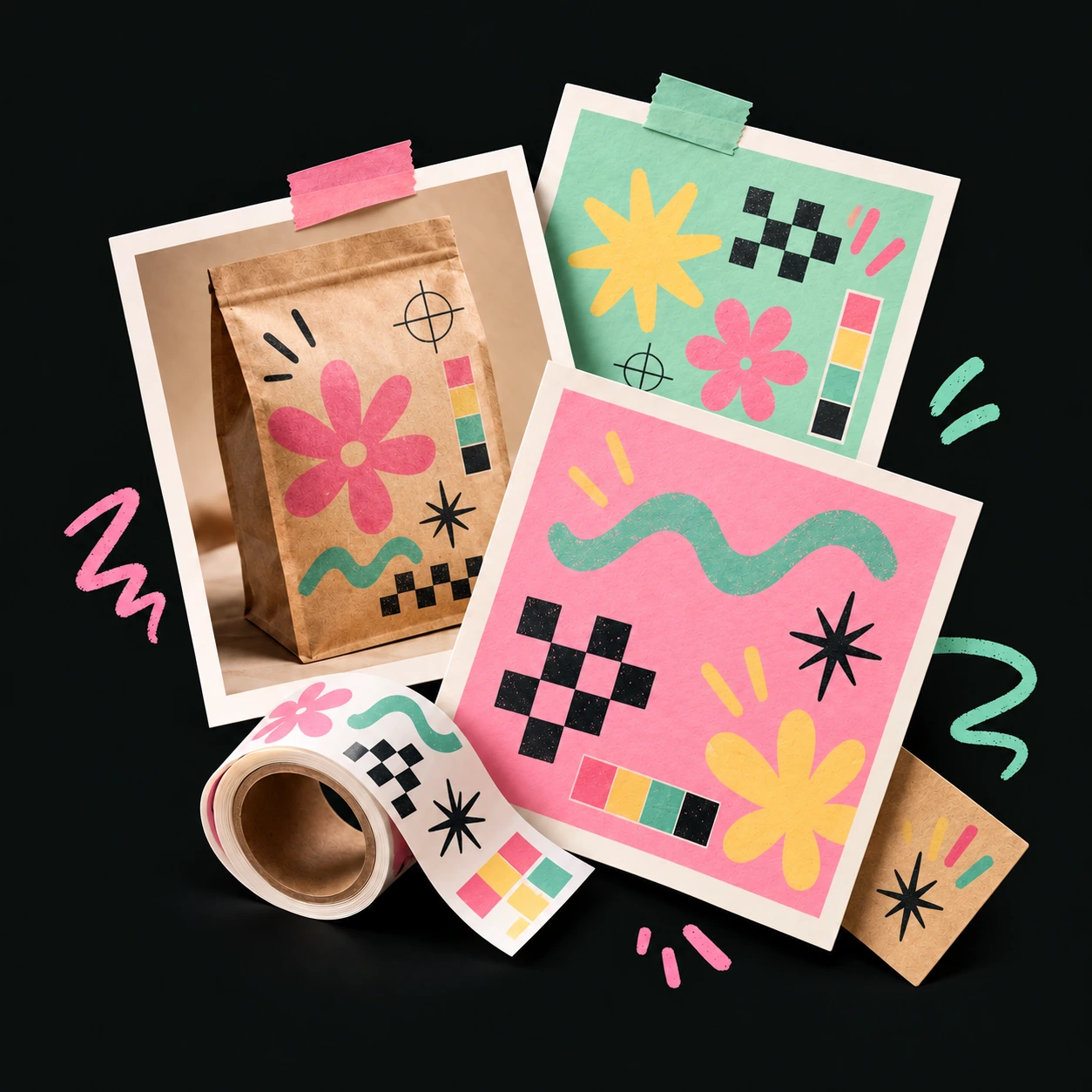 Composición editorial de papelería, etiquetas y stickers